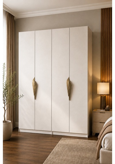 Gama 4 Kapaklı Askılı + Askılı Raflı Tasarım Kulplu 253 Cm Gardırop Elbise Dolabı Beyaz
