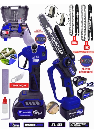Schmıtzer Sch-2budama-m Pro Set 21v Çelik Şanzuman 2 Pala Ve Zincir Şarjlı Dal Ağaç Kesme Bağ Budama Makas Testere