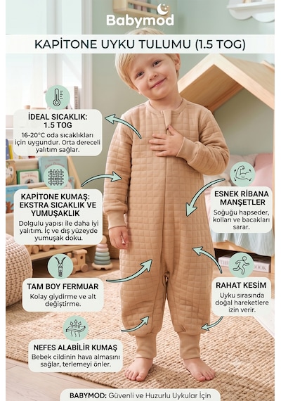 Babymod Mevsimlik Kapitone 1.5 Tog Çocuk Uyku Tulumu Uyku Gurusu %100 Pamuk Kumaş Bej