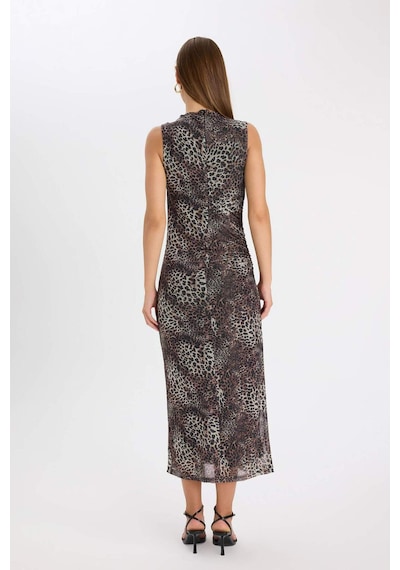 DeFacto Bodycon Vücuda Oturan Bisiklet Yaka Leopar Desenli Tül Kolsuz Maxi Elbise D5061AX24AUBN192
