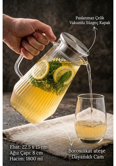 Ateşe Dayanıklı Borosilikat Çizgili Cam Sürahi 1800 Ml - Paslanmaz Çelik Süzgeç Kapaklı Bitki Çayı Ve Su Sürahisi