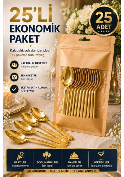 25 Li Altın Plastik Kaşık 18 Cm Sert Tek Kullanımlık
