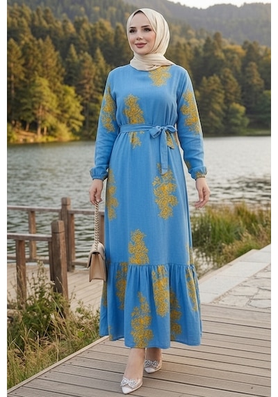 Bestenur Noyra Desenli Viskon Elbise 1722 - Mavi