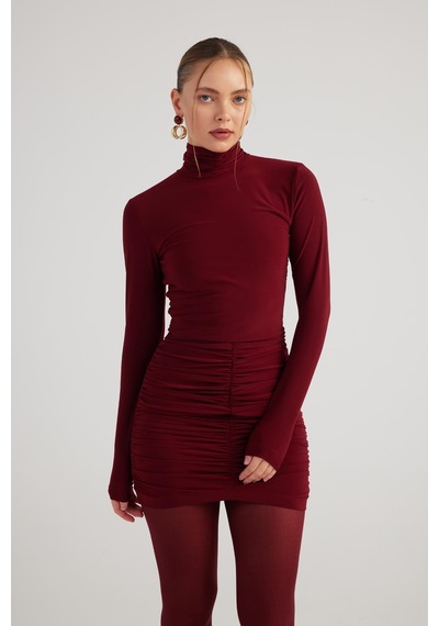 Holly Lolly Balıkçı Yaka Büzgülü Mini Tami Elbise Bordo