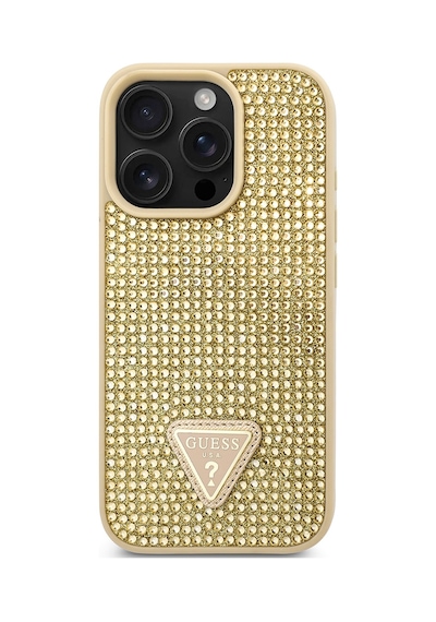 Apple Uyumlu iPhone 16 Pro Max Kılıf Guess Lisanslı Üçgen Logolu Taşlı Kapak Gold