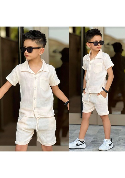Ay Kids Erkek Çocuk Müslin Gömlek Şort Takım Yazlık Rahat Ve Şık Kombin Bej 11737- Ay Kids Erkek Çocuk Müslin Gömlek Şort Takım Yazlık Rahat Ve Şık Kombin Bej 11737-