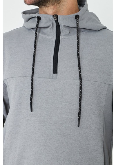White Stone Gri Kapüşonlu Yarım Fermuarlı Yandan Cepli Erkek Sweatshirt Grey