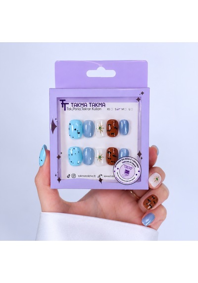 Takma Tırnak Renkli Nail Art Kısa Yuvarlak 10'lu Tekrar Kullanılabilir El Yapımı Protez Takma Tırnak Ekyl3029 S