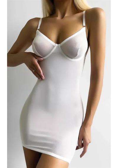 Ang Butik Kadın Beyaz Arkası İp Detaylı Mini Gecelik
