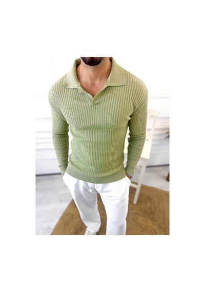 Elku Moda Kazak Slim Fit Polo Yaka Fitilli Yumuşak Dokulu Tüylenmez Sweatshirt Yeşil