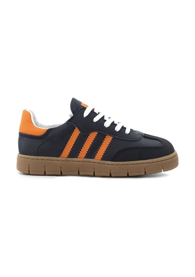 Hakiki Deri Lacivert Turuncu Bağcıklı Fermuarlı Çocuk Sneakers Ayakkabı Lacivert