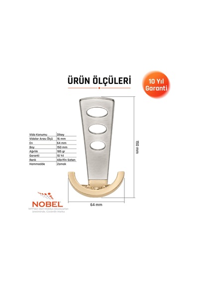 Bemol Lüks Portmanto Askı, Metal, Vestiyer Askı, 185 Gr, Dolap Askılık, Duvar Askılığı, Albrifin Saten Vidalı