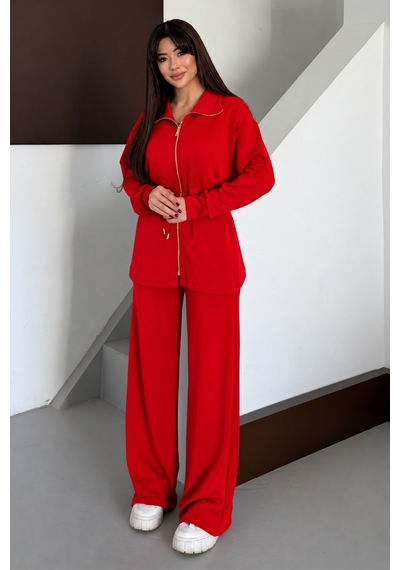 Balenbi Oversize Fermuarlı Beli Bağcıklı Polo Yaka Modal Kadın Takım 1196 - Premium Seri Kırmızı Balenbi Oversize Fermuarlı Beli Bağcıklı Polo Yaka Modal Kadın Takım 1196 - Premium Seri Kırmızı