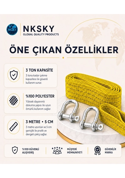 Nksky 3 Ton Araç Çekme Halatı 3 Metre 5 Cm Genişlik Güçlendirilmiş Uçlu Oto Çeki Halatı
