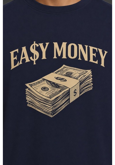 Technomonkey Easy Money Baskılı Unisex Lacivert Retro Tişört