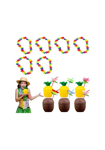 Tropikal Hawaii Parti Malzemeleri Kolye, Pipet, Bardak Set Tdrtr