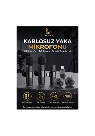 Kablosuz Tüylü Siyah Yaka Mikrofonu Type-c Ve İos Uyumlu Bluetooth 5.0 2 Li Set Siyah Siyah