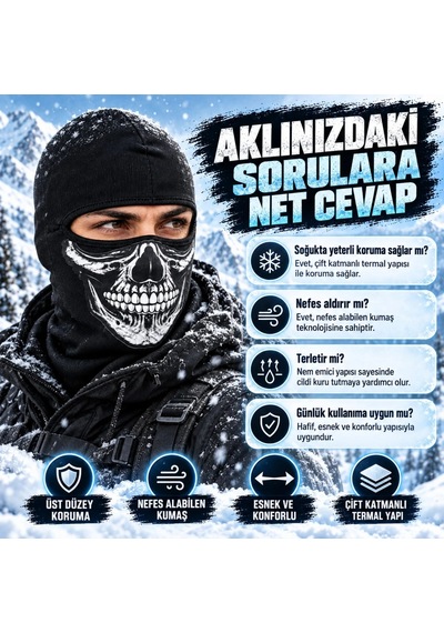 Womanandkids Wak Unisex Kurukafa Desenli Balaklava Kışlık Tam Yüz Maske Nefes Alan Esnek Kask Altı Boyunluk Siyah Set