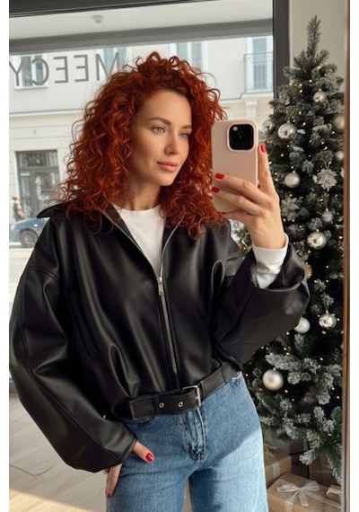 Meecy Yeni Sezon Suni Oversize Bomber Deri Ceket Siyah Siyah