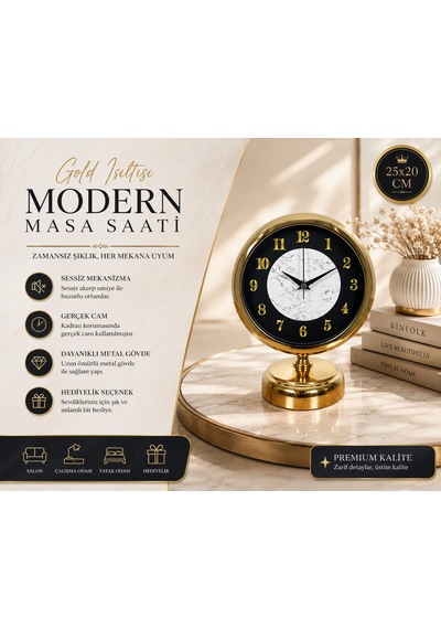 Mermer Işıltısı Gold 25 X 20 Cm Metal Masa Saati