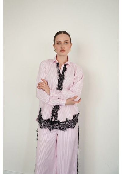 Verymoda Dantel Detaylı Çizgili Gömlek - F2082 Pembe