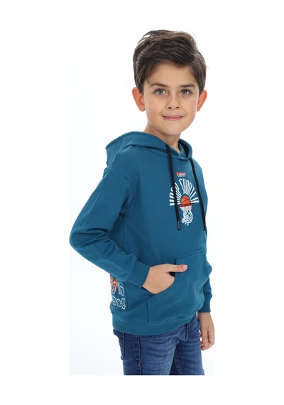Toontoy Kids Erkek Çocuk Relax Fit Kapüşonlu Cepli Hafif Düşük Omuz Baskılı Sweatshirt Petrol Mavi