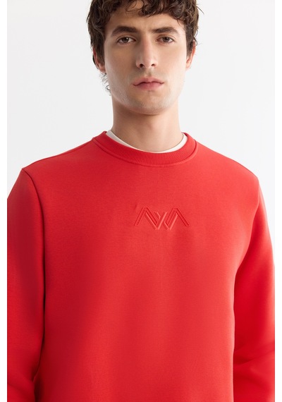 Avva Erkek Kırmızı Bisiklet Yaka Pamuklu Şardonlu Baskılı Regular Fit Sweatshirt B001033