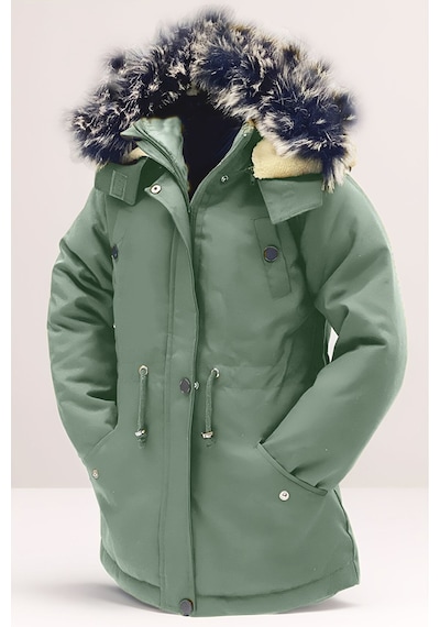 Asortix Unisex Kız/erkek Çocuk Kışlık Kanvas Kumaş Büzmeli Diz Üstü Içi Kürk Kapüşonlu Kaban Mont-mnt-0005 Mint Yeşil