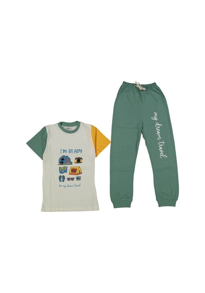 Bebegen Erkek Çocuk Ekru Yeşil Yakalı Kamp Baskılı Pijama Takımı Çok Renkli