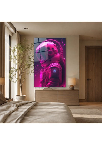 Pembe Neon Kasklı Astronot Çerçevesiz Cam Tablo