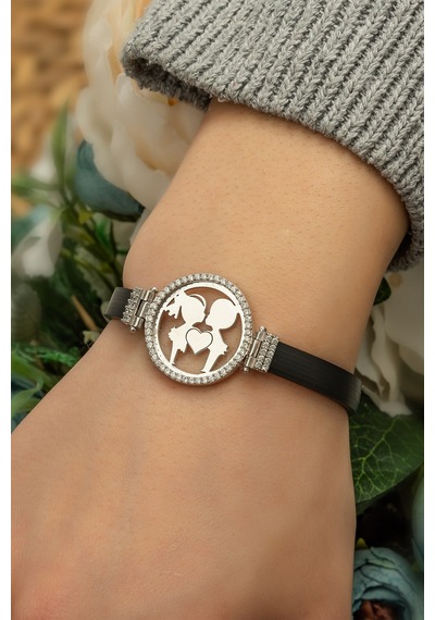 Papatya Silver Deri Kordonlu Zirkon Halka Kız Erkek Kalpli Sevgili Bileklik 925 Ayar Gümüş - UVPS200016