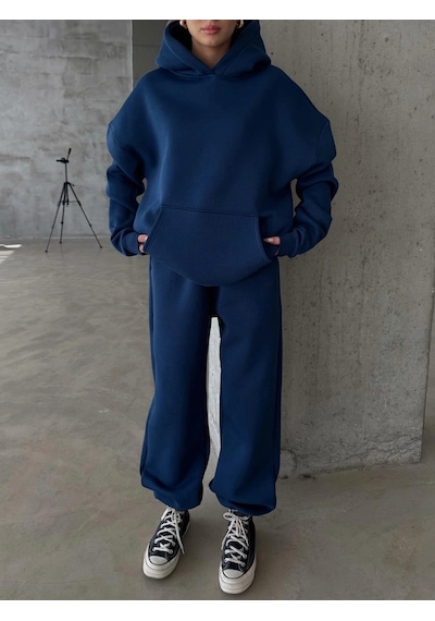 Kazax 3 İplik Şardonlu Kapşonlu Sweatshirt Lacivert P510436 Lacivert