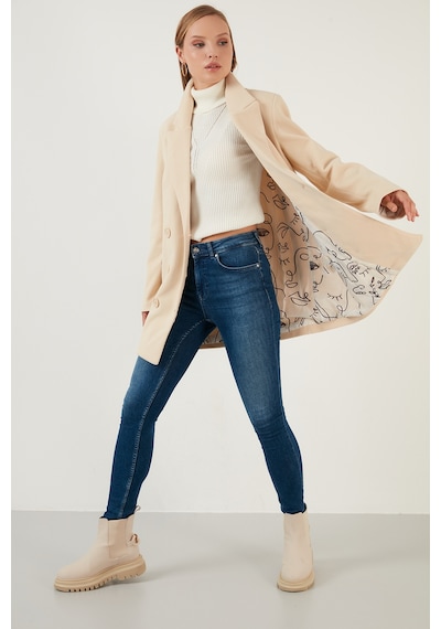 Lela Oversize Çift Düğmeli Cepli Uzun Bayan Kaban 6230058 Taş