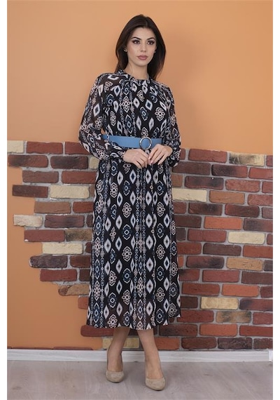 Neşeli Butik Kadın Kemerli Yaka Detaylı Uzun Şifon Elbise Ry0032 Siyah/mavi