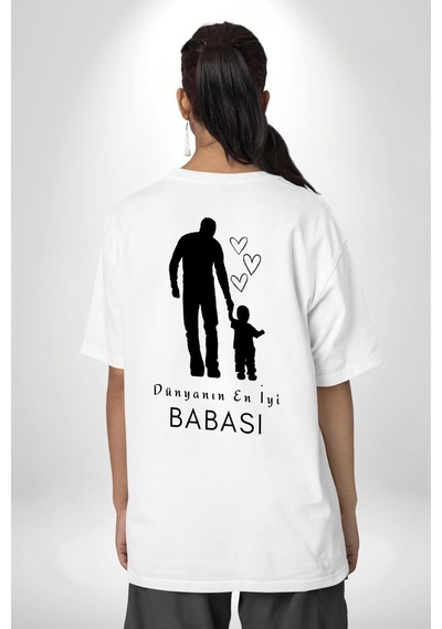 Babalar Günü Dünyanın En İyi Babası Beyaz Oversize Unisex Ön Ve Sırt Baskılı Tişört Beyaz