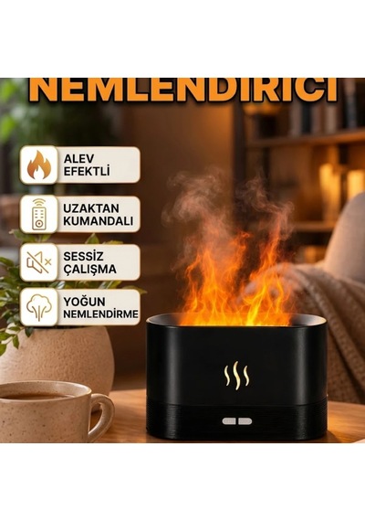 Led Alev Efektli Buhar Makinesi Kumandalı Oda Nemlendirici Siyah