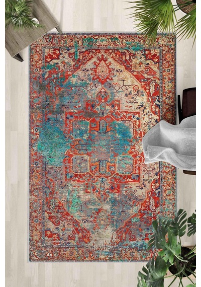Kaymaz Taban Yıkanabilir Halı Mutfak, Salon, Yatak Odası İçin Modern Dijital Baskı Halı Slnhalı27 - 0092 Çok Renkli