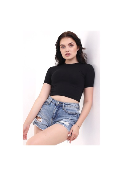 Winmoda34 Kadın Kısa T-shirt Krop Siyah