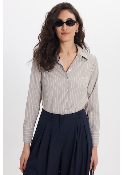 Tudors Kadın Slim Fit Dar Kesim Uzun Kollu Çizgili Bej Gömlek-50324