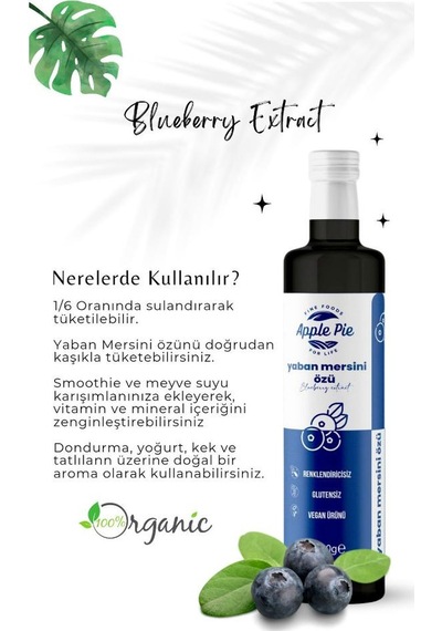 Applepiefoods Yaban Mersini Özü 700 Gr , Doğal , Katkısız Analizli , Soğuk Sıkım , Blueberry Extract
