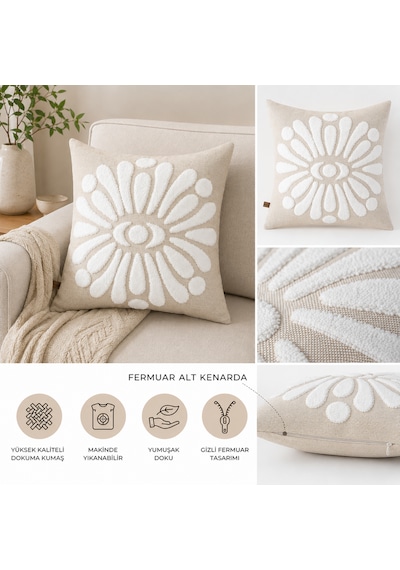 Flora 43x43 Cm Dekoratif Kırlent Kılıfı Kabartmalı Çiçek Desenli Modern Koltuk Yastık Kılıfı Bej