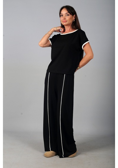By Saygı Kadın Geniş Yaka Bluz Beli Lastikli Cepli Bol Paça Pantolon Biyeli Modal 2'li Takım Siyah By Saygı Kadın Geniş Yaka Bluz Beli Lastikli Cepli Bol Paça Pantolon Biyeli Modal 2'li Takım Siyah