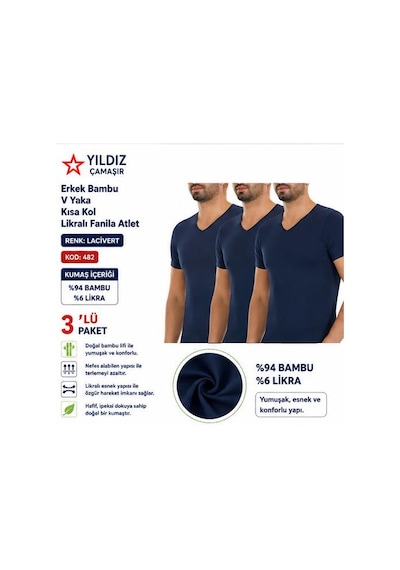 Yıldız Çamaşır Erkek Bambu V Yaka Kısa Kol Likralı Fanila Atlet 480-481-482 - 3 Adet Lacivert