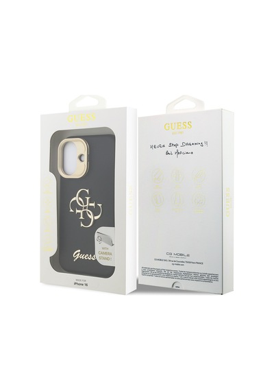 Apple iPhone 16 Uyumlu Kılıf Guess  Lisanslı Grained Yazı Logolu Kamera Standlı Kapak Siyah