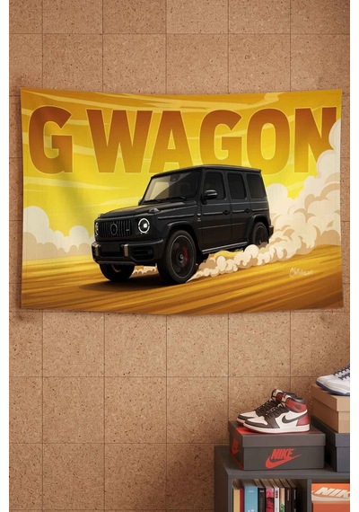 Mercedes G Wagon Siyah Sarı Graffiti Dekoratif Duvar Örtüsü Duvar Halısı Beyaz