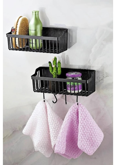 Yapışkanlı Plastik Banyo Rafı İkili Banyo Düzenleyici Duş Rafı Organizer Şampuanlık Siyah