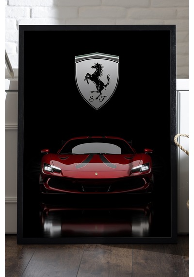 Ferrari 296 Gtb Siyah Ahşap Çerçeveli Poster, Dekoratif Araba Duvar Tablosu