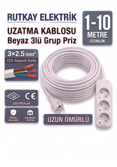 Üçlü Topraklı Uzatma Priz 3x2.5mm Kablo 1 M