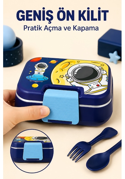 Happi Astronot Paslanmaz Çelik Bölmeli Beslenme Kutusu 1030 Ml Çatal Kaşık Dahil Lacivert