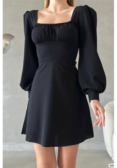 DefyModa Kadın Minimal Krep Kumaş Kare Yaka Uzun Kollu Elbise Siyah